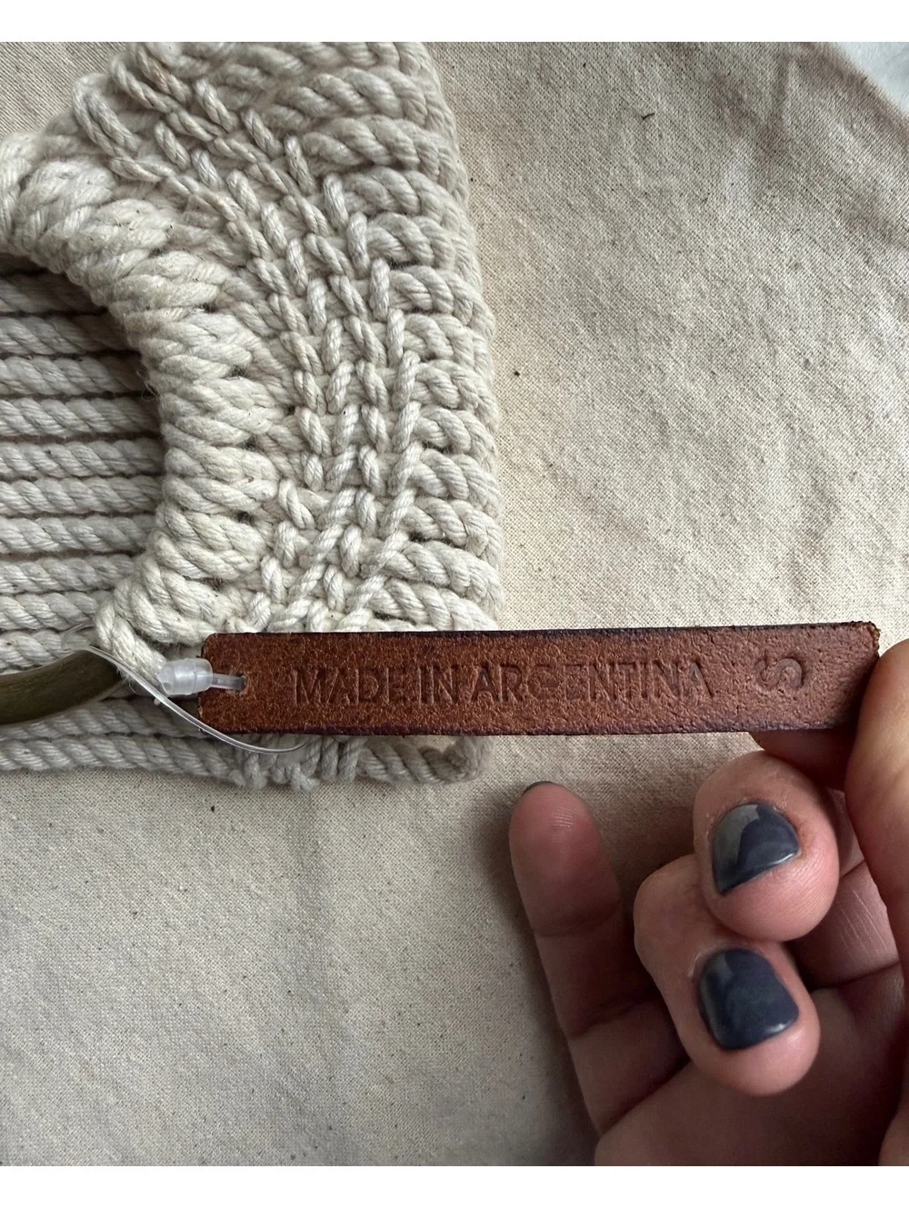 Wide Cream Rope Belt with Brass Rings and Brown Leather Strap